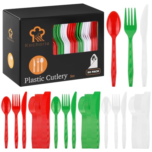 90 Pieces Christmas Plastic Cutlery Set (Red, Green, White)