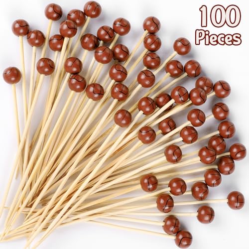 100 Pieces Basketball Decorative Sports Ball End Cocktail Skewers 4.7 Inch Bamboo Cocktail Picks Wooden Decorative Fruit Toothpicks for Appetizers Bar Drink Fruit Sandwich Buffet Party Supplies (Basketball)