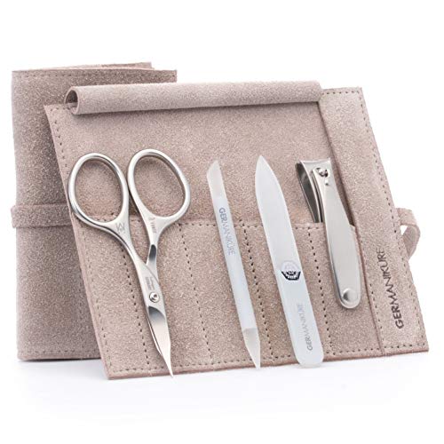 4pc Manicure Nail Care Kit (4-Pc: Clipper, Combo Scissor, Travel File / Beige Suede Roll)