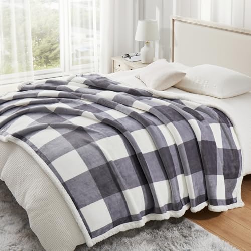 Sherpa Blanket Fleece Throw Blanket Full Queen Plaid Thick Bed Blanket (Grey Checkered / 80"*90")