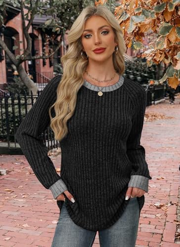 Fall Outfits for Women 2026 Black Long Sleeve Shirts for Women Casual Tops Trendy Womens Sweaters Lightweight Fashion Winter Clothing Business Dressy Crewneck Knit Color Block XL (X-Large / 02-black)