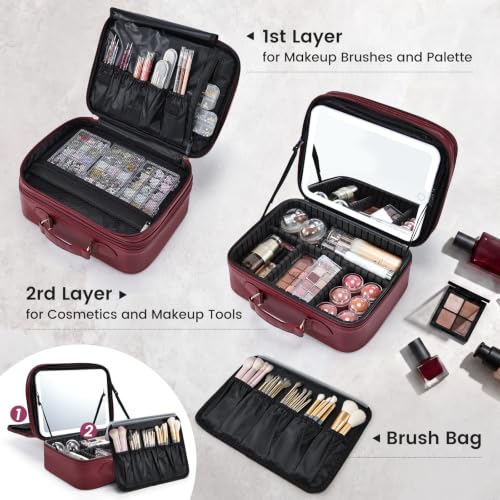 Makeup Bag with LED Lighted Mirror 12.2 IN Cosmetic Train Case Double Layer (12.2 Inch Red / 0-Double Layer)