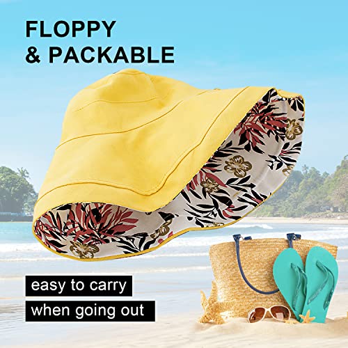 Women Floral Reversible Wide Brim Sun Hats Wired Edge Summer UPF Hat for Beach Hiking Garden Travel Lawn Work Chin Strap (Medium / Qf002-yellow)