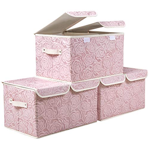 Large Stackable Storage Bins with Lids Fabric Decorative Storage Box Cubes Organizer Containers Baskets with Cover Handles Divider for Bedroom Closet Living Room 17.3x11.8x9.8 Inch 3 Pack (Pink / Double Lid/3pcs)