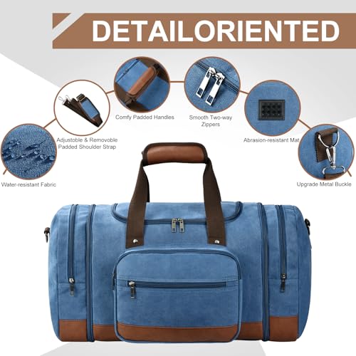 50L Canvas Duffle Bag for Travel Weekend Gym Overnight Carry (Blue / 50L)