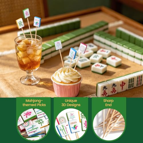 100 Pieces Mahjong Cocktail Picks Decorative Bamboo Cocktail Skewers 5.3 Inch Wooden Fruit Toothpicks for Game Night Appetizers Bar Drink Fruit Sandwich Buffets Party Supplies (Mahjong)