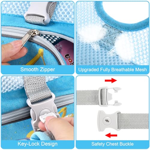 Toddler Harness Leash + Anti Lost Wrist Link (Blue/Breathable Car & Excavator)