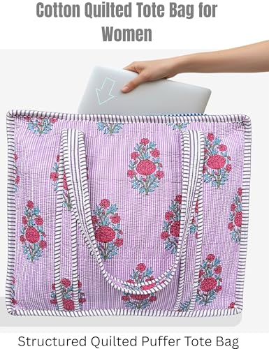 100% Cotton Quilted Tote Bag For Women (Lavish Lavender Floral Print)