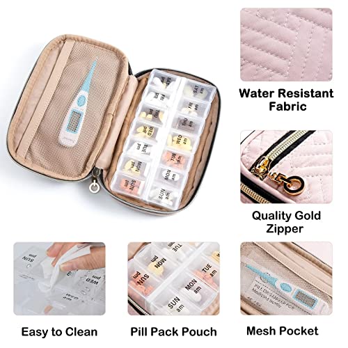 Travel Pill Organizer 2 Times a Day with Cute Fabric Pill Case (Piink / Small)