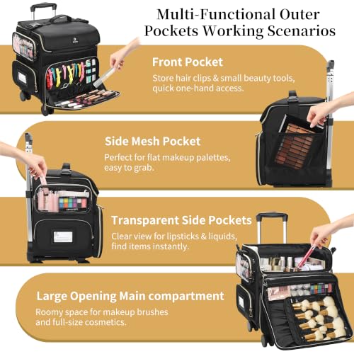 Rolling Makeup Train Case (Black-with 7 bags / XL)