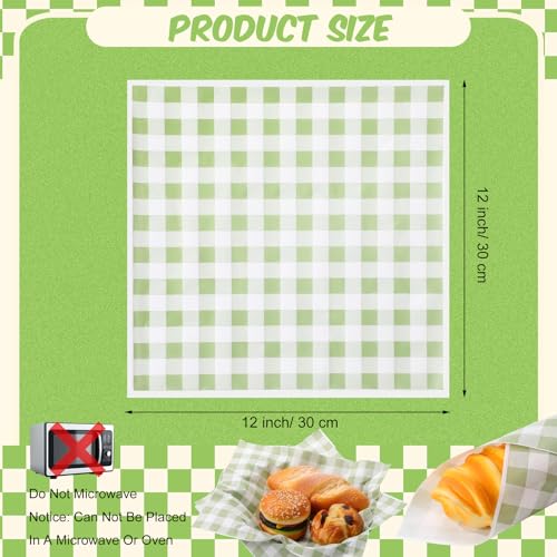 100 Pcs Green Checkered Wax Paper Sheets for Food Wrapping (Green, White / Green Checkered)