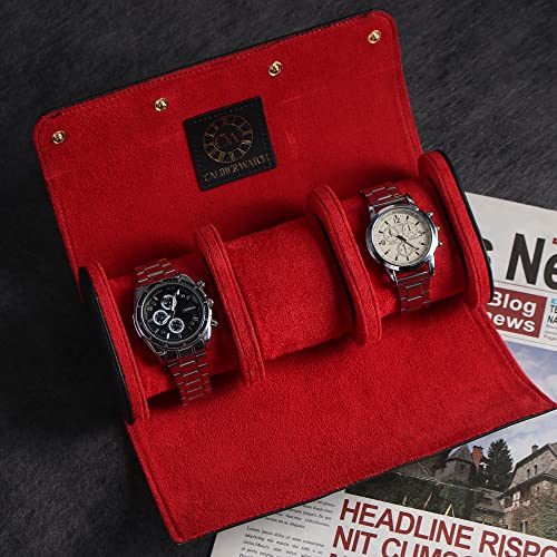 Genuine Napa Leather Watch Roll Travel Case for 3 Watches (Black)