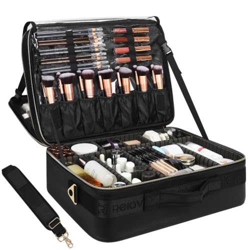 Extra Large Makeup Case Travel Makeup Bag Professional Leather Artist Bag Portable Cosmetic Brush Holder Organizer Nail Organizer Box with Adjustable Dividers (Black Leather / Extra Large)