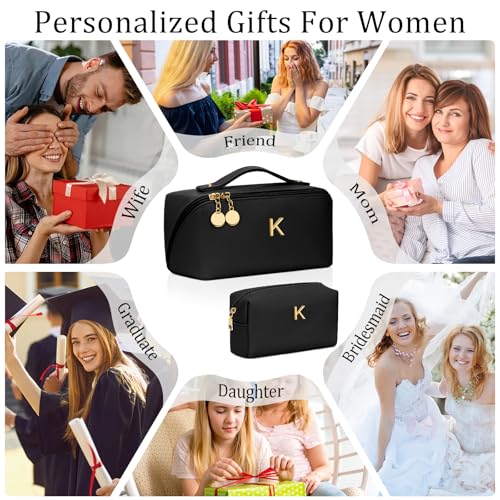Initial Makeup Bag Personalized Gift for Women Teen Girls (Black / K)