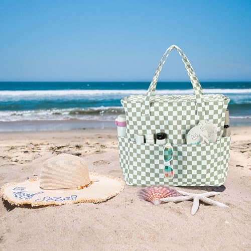 Waterproof Beach Tote Pool Bags for Women Ladies Extra Large Gym Tote Carry On Bag With Wet Compartment for Weekender Travel (Grass Green White Grid)