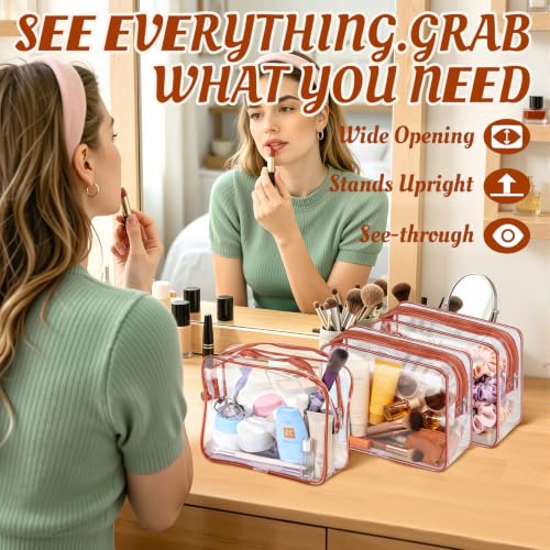 16 Packs Clear Makeup Bags Cosmetic Zipper Pouches Waterproof TAS Approved Toiletry Bags PVC Organizer Storage Case for Vacation Travel Bathroom（Brown (16pcs Brown M)