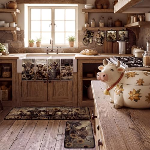 10 Pcs Rustic Highland Cow Kitchen Decor and Accessories Set (Brown / Cow Sunflower)