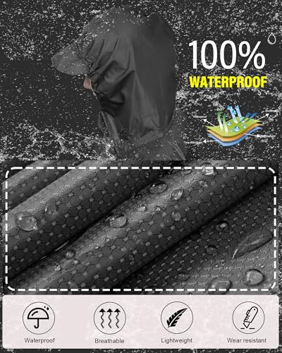 Hooded Rain Poncho Packable Waterproof Unisex Raincoat with Pocket (Large / Black)
