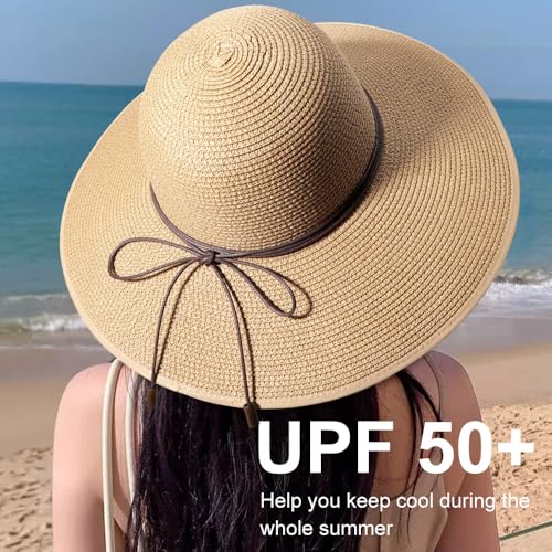 Womens Sun Straw Hat Bowknot Hat Summer Wide Brim Bucket Hats Foldable Beach Sun Hats Roll up UPF 50+ (1 Pack Bowknot Hat: Khaki, 4.7" Brim)