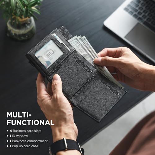 Pop up Card Wallet Minimalist Cash Wallets RFID Blocking Leather Smart Credit Card Holder with ID window for Men (Top-Grain Cowhide Litchi Black)