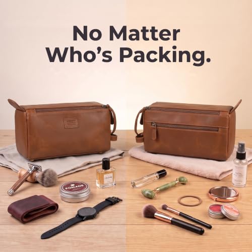Genuine Leather Toiletry Travel Bag For Men & Women (Sun Tan / 10"X5")
