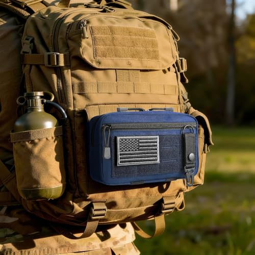 Tactical Molle Admin Pouch Utility Laser Cut EDC Tool Pouch Bag Horizontal Modular Pouches Include US Flag Patch and Keychain (Blue)