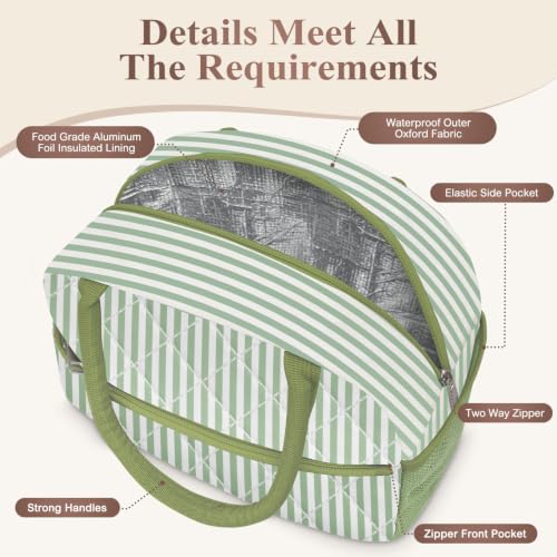 Lunch Bag Lunch Box for Women Adult Men Insulated Quilted Reusable Large Lunch Tote Bag Leakproof Simple Cooler Bag for Work Office Picnic Beach or Travel (B-Green Stripes / Medium - 10L)