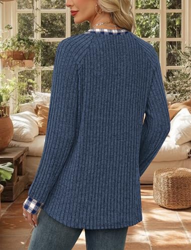 Womens Tops Business Casual Outfits for Women Teachers Old Money Clothes Blouses Dressy Casual Trendy Long Sleeve Plaid Shirts Plus Size Fall Fashion Blue Plaid (Large / 08-blue Plaid)