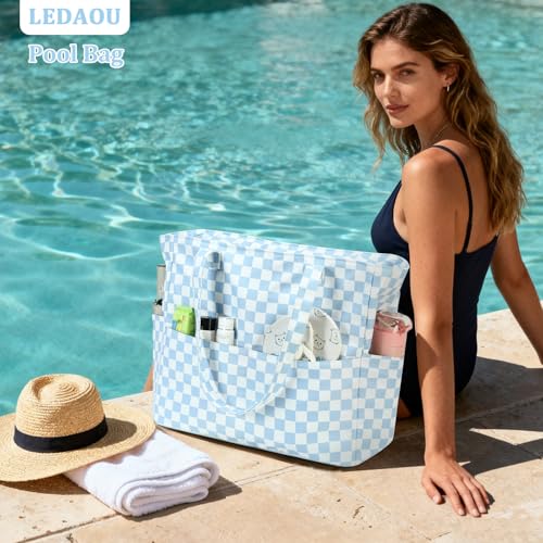 Beach Bag Waterproof Sandproof Women Beach Tote Bag Pool Bag with Zipper for Gym Grocery Travel with Wet Pocket (Light Blue White)