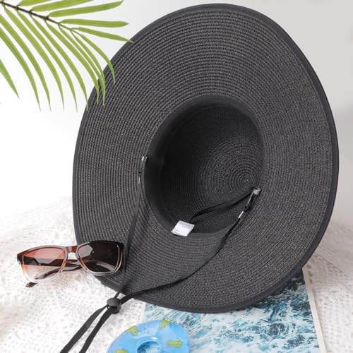 Womens Sun Straw Hat Bowknot Hat Summer Wide Brim Bucket Hats Foldable Beach Sun Hats Roll up UPF 50+ (1 Pack Bowknot Hat: Black, 4.7" Brim)