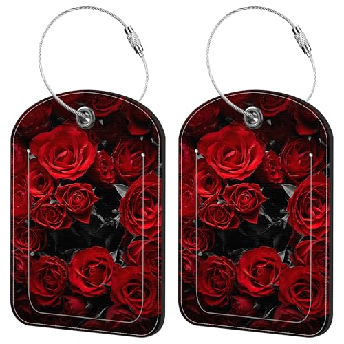 2 Pack Cute Luggage Tag for Suitcases Dark Red Roses Leather Luggage Tags with Stainless Steel Loop Privacy Flap Name Tags (Dark Red Roses)