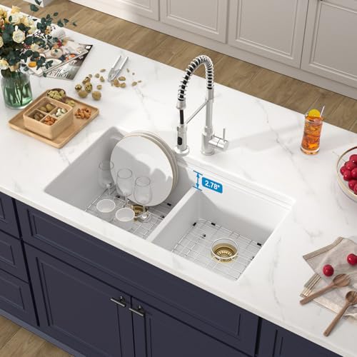 33 Inch Classic White Undermount Granite Composite Kitchen Sink Under Counter Quartz Double Bowl Sink Workstation Sinks with Accessories Quick Drain Noise Reduction Home Renovation Gold Accessories (White-50/50 / Undermount-Gold Accessories)