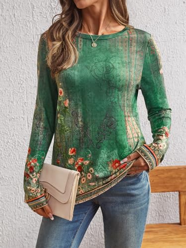 Long Sleeve Shirts for Women Casual Crewneck Tops Basic Tees (X-Large / Floralgreen)