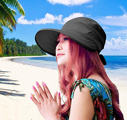 Sun Hats for Women with UV Protection Wide Brim Sun Hat Visor Summer Beach Outdoor Foldable Womens Cap (One Size-Medium / Black)
