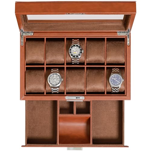 10 Slot Watch Box in Leather with Valet Drawer (Tan/Brown)