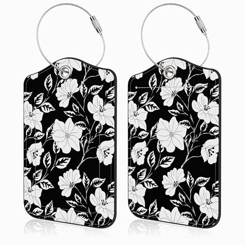 2 Pack Luggage Tags for Suitcases Black Flowers and Leaves Leather Luggage Tags Privacy Cover ID Label with Stainless Steel Loop and Address Card for Women Men Travel Bag Backpack (Black Flowers and Leaves)