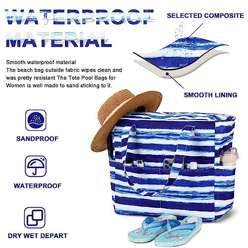 Waterproof Beach Tote Pool Bags for Women Ladies Extra Large Gym Tote Carry On Bag With Wet Compartment for Weekender Travel (Blue White Stripes)