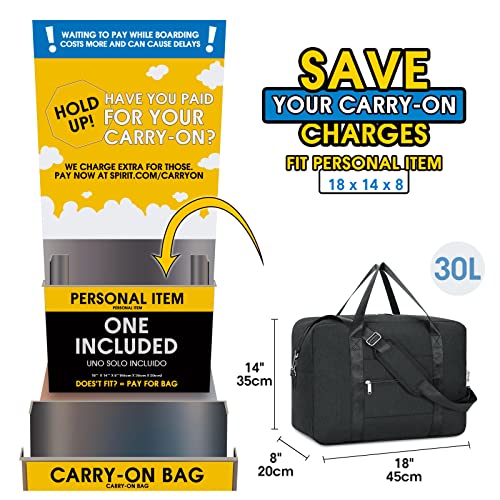 For Spirit Airlines Personal Item Bag 18x14x8 Foldable Travel Duffel Bag Underseat Carry on Luggage for Women and Men 30L (Black / 30L)