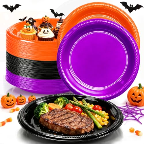100 Count 10 Inch Halloween Plastic Plates Colored Party Disposable Plates (Black/Orange/Purple / 100 Pcs)