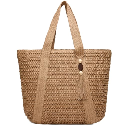 Straw Beach Bags for Women Summer Tote Bag Boho Shoulder Purse (D Khaki)