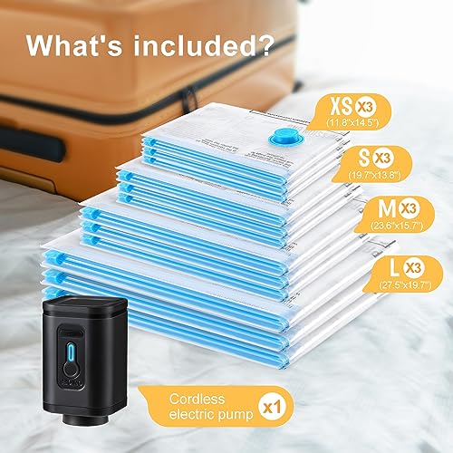 Combo 12 Pack Travel Vacuum Bags with Portable Electric Pump (12 Pack)