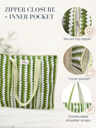 100% Cotton Quilted Tote Bag For Women (Olive Zigzag)