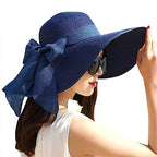 Women Wide Brim Bow Straw Hat Floppy Foldable Beach Sun Hat Roll up Cap UPF 50+ (Big Bow / Navy 5.9" Brim, 1 Pack)