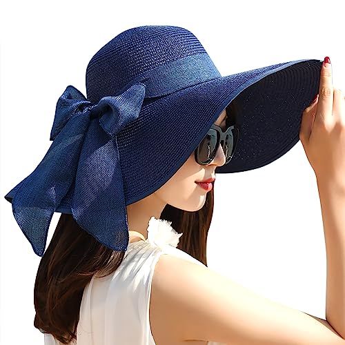 Women Wide Brim Bow Straw Hat Floppy Foldable Beach Sun Hat Roll up Cap UPF 50+ (Big Bow / Navy 5.9" Brim, 1 Pack)