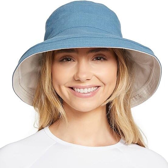 Women's Holiday Sun Hat UPF 50+ (Small-Medium / Blue/Beige)