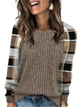 Chocolate Brown Fall Clothes Fall Fashion Must Haves Womens Tops Long Sleeve Shirts for Women Plaid Oversized Sweaters School Outfits Tops for Teachers Winter Clothing Travel Vacation Raglan Paneled (Medium / 08-khaki Plaid)