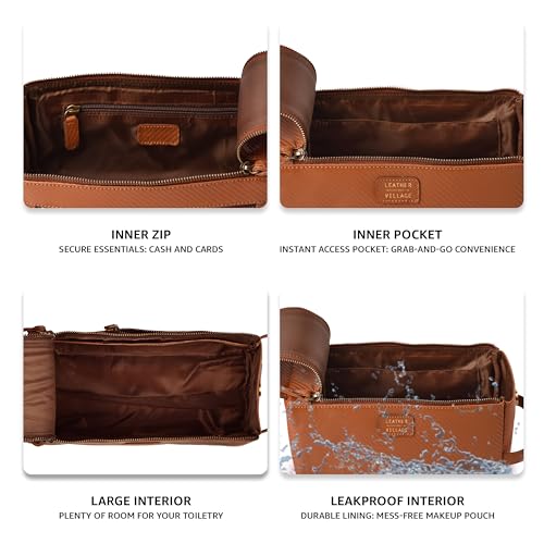 Carbon Leather Toiletry Travel Bag For Men & Women (Carbon Tan / 10"X5")