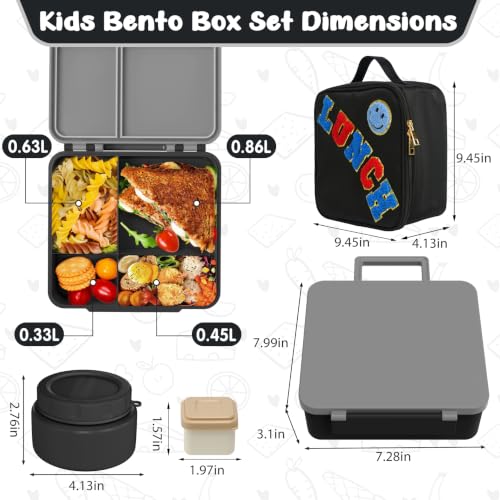 Kids Lunch Box with Thermo Insulated Lunch Bag for School (Black)