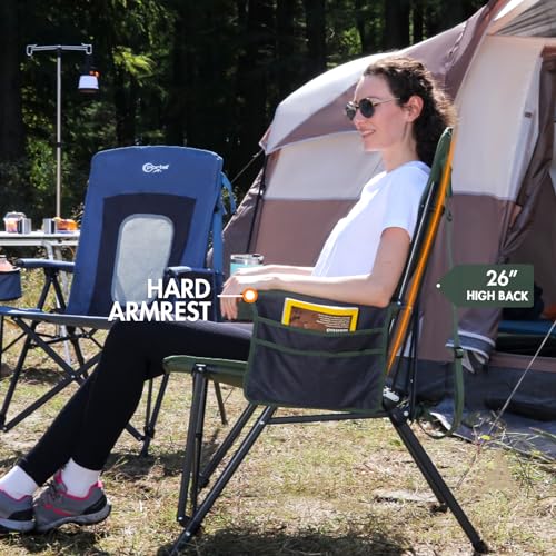 Oversized Folding High Back Portable Lawn Chairs for Adults Outdoor Camp Sports Hunting Fishing Backyard with Hard Armrest Cup Holder Carrying Strap (Green / Mesh back)