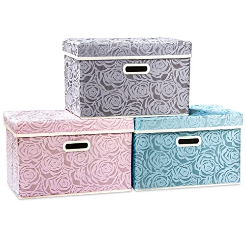 Larger Collapsible Storage Cubes with Lids Fabric Decorative Storage Bins Boxes Organizer Containers Baskets with Cover Handles for Bedroom Closet Living Room 17.7x11.8x11.8 Inch 3 Pack (Assorted Color / Large(3-Pack))